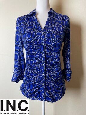 INC International Concepts Women Geometric Print Vibrant Blue Blouse Size S EUC